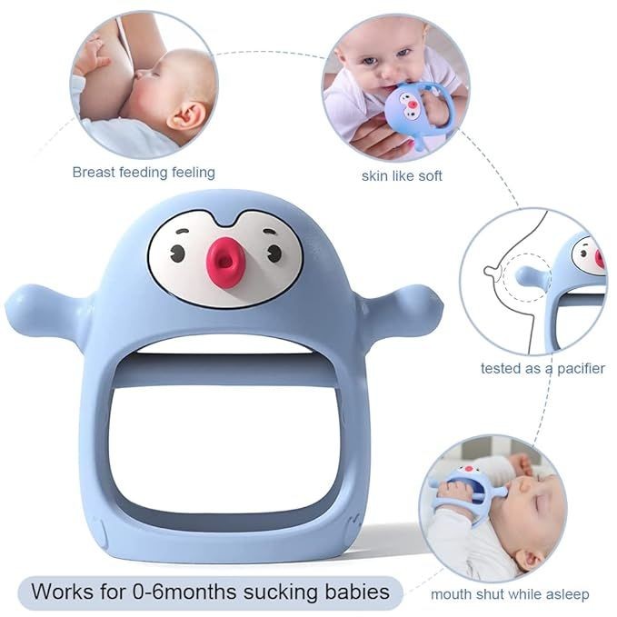 Smily Mia Penguin Teether for Infants - Never-Drop Soothing Teething Toy for Newborns & Babies, Light Blue