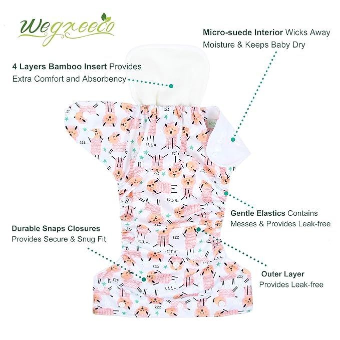 wegreeco Washable Reusable Baby Cloth Pocket Diapers 6 Pack + 6 Rayon Made from Bamboo Inserts